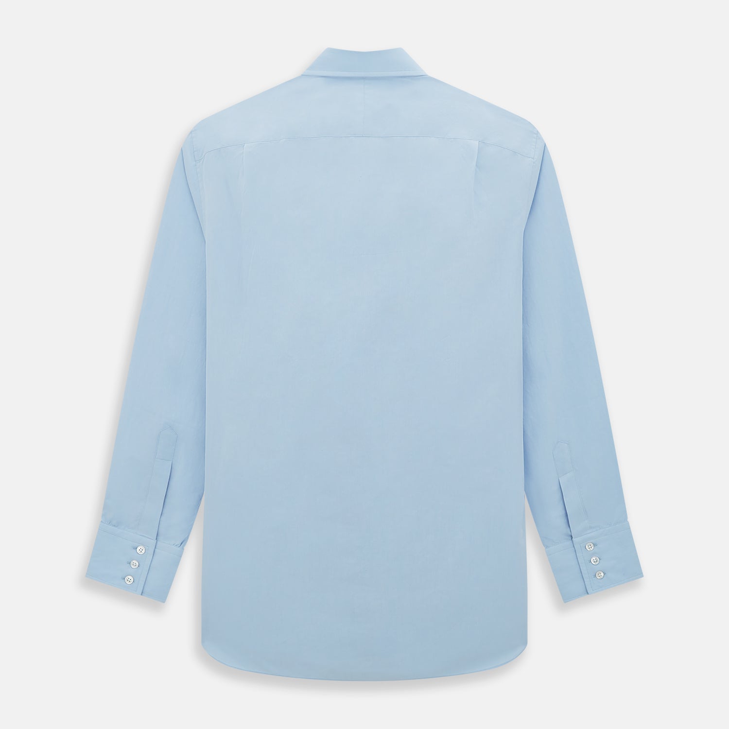 Image 3 of product The Turnbull & Asser Sky Blue Mayfair Shirt is a long-sleeved, collared button-down made from sanforised cotton, shown laid flat on a white background.