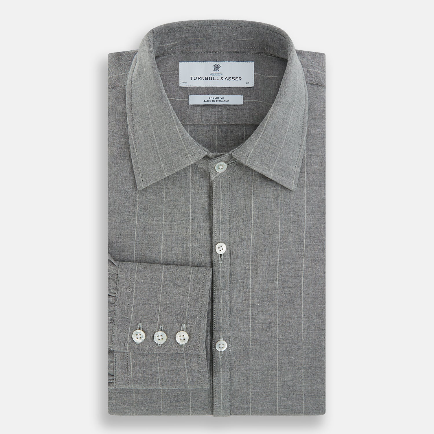 Image 5 of product The Grey Wide Stripe Westminster Shirt by Turnbull & Asser features long sleeves, buttoned cuffs, a Turnbull collar, and classic British craftsmanship, shown on a white background.