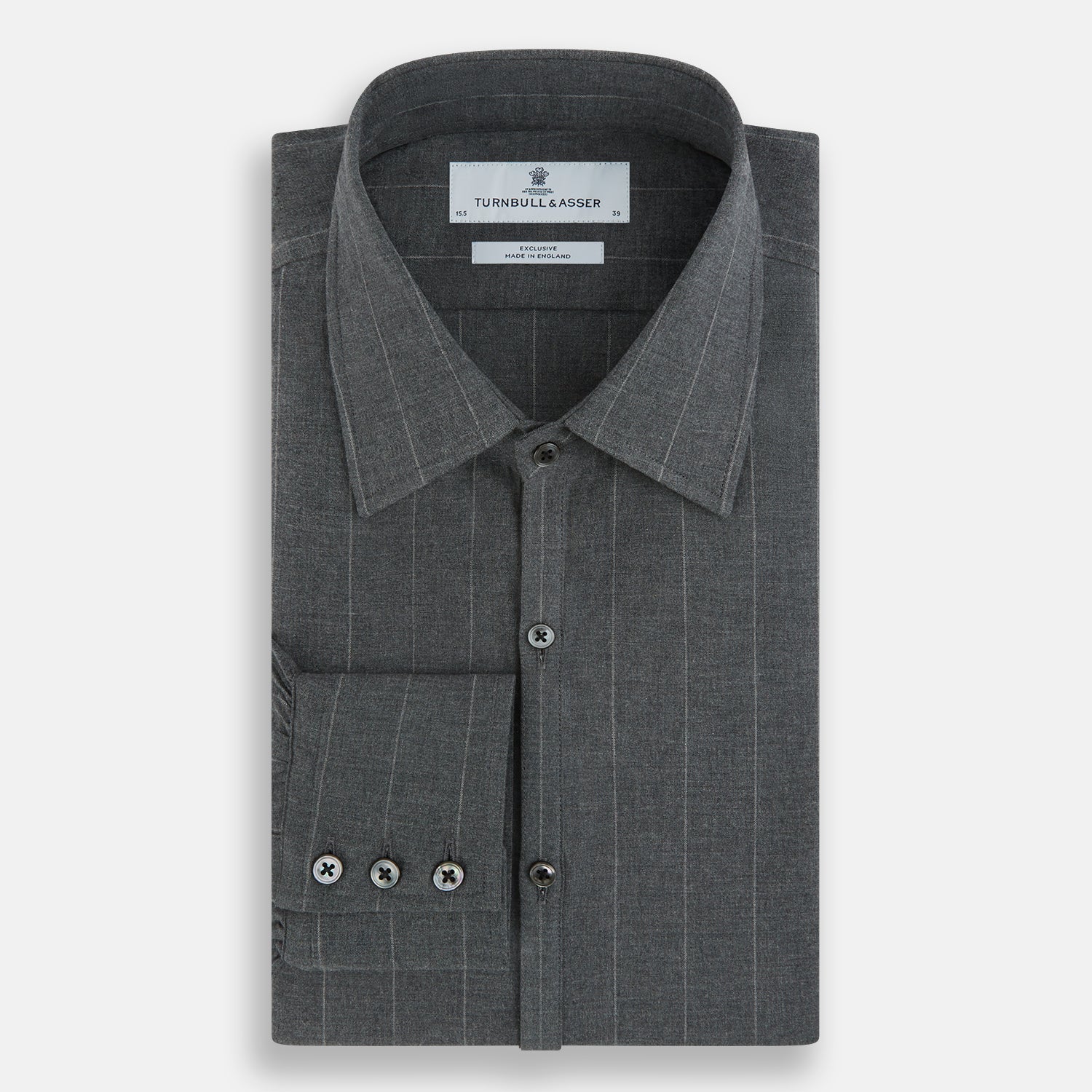 Image 5 of product The Charcoal Melange Wide Stripe Westminster Shirt from Turnbull & Asser features long sleeves, a tailored fit, pointed collar, buttoned cuffs, and subtle wide stripes, shown laid flat on a white background.