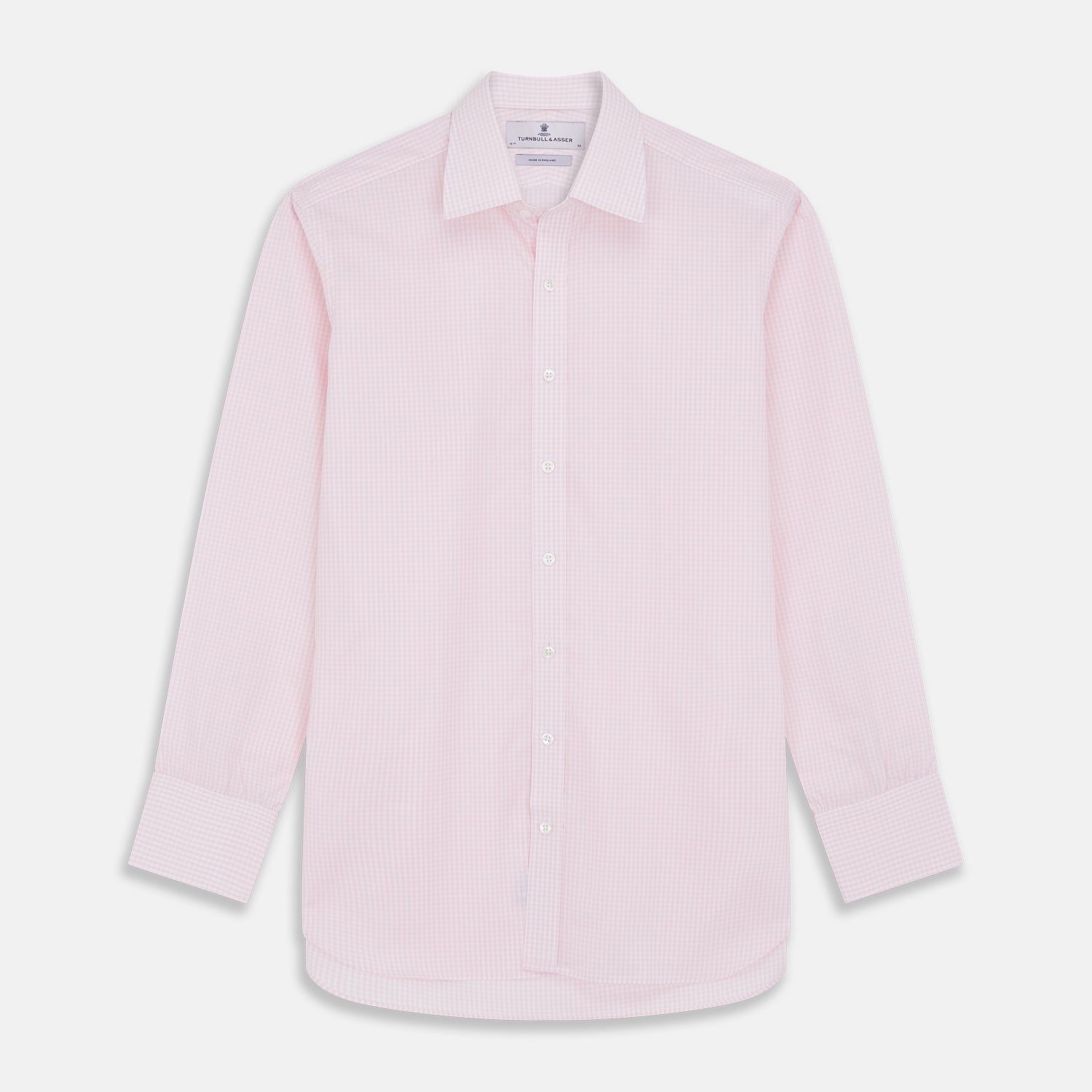 Image 1 of product The Pink Windowpane Check Mayfair Shirt by Turnbull & Asser is crafted in light pink organic cotton with a subtle windowpane check, button-down front, and pointed collar, displayed flat on a white background.