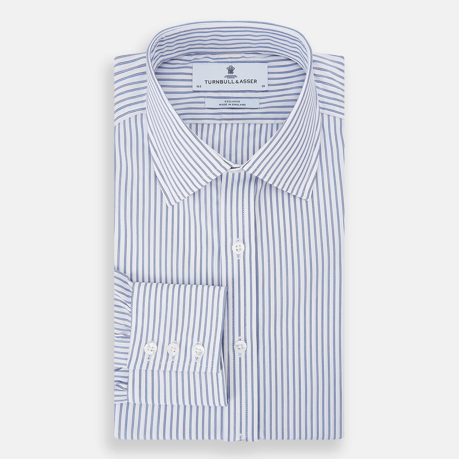 Image 5 of product The Turnbull & Asser Navy Double Pinstripe Mayfair Shirt is a long-sleeve, button-up collared shirt with thin vertical blue and white stripes, shown against a plain white background.