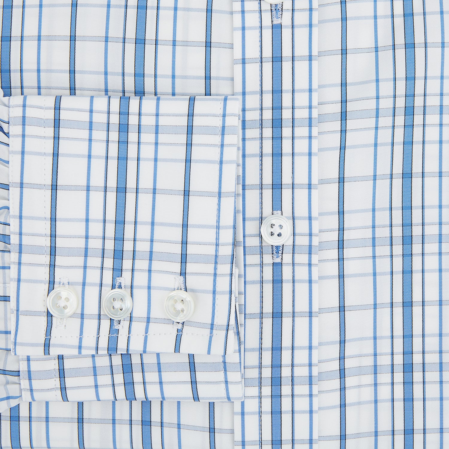 Image 4 of product The Turnbull & Asser Blue Plaid Check Mayfair Shirt is a long-sleeve, button-down shirt with a T&A collar and blue and white plaid pattern, shown on a white background.