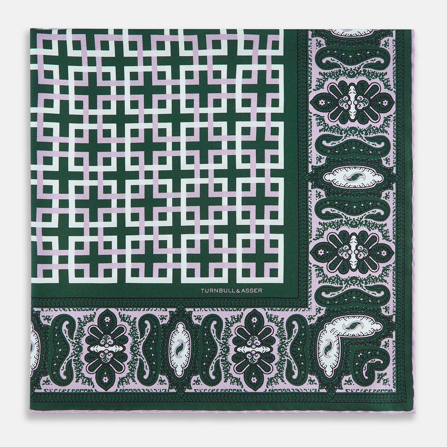 Image 8 of product The Forest Green Square-Patterned and Paisley Silk Pocket Square by Turnbull & Asser features geometric and paisley designs, is handcrafted in England, and has the brand printed near the edge.
