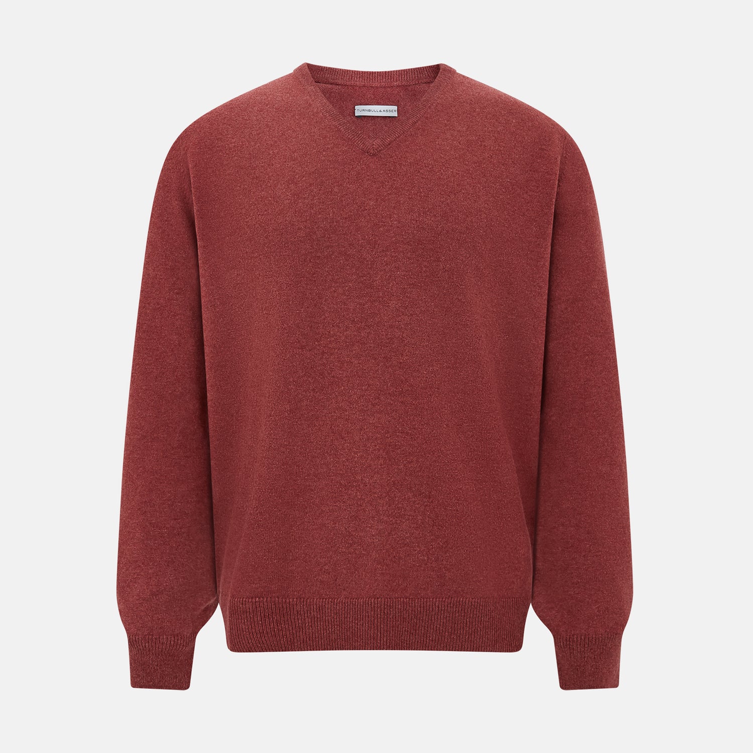 Image 1 of product The Turnbull & Asser Burgundy Crew V-Neck Cashmere Jumper is a long-sleeve knitwear piece with ribbed cuffs, hem, and neckline, shown on a white background.
