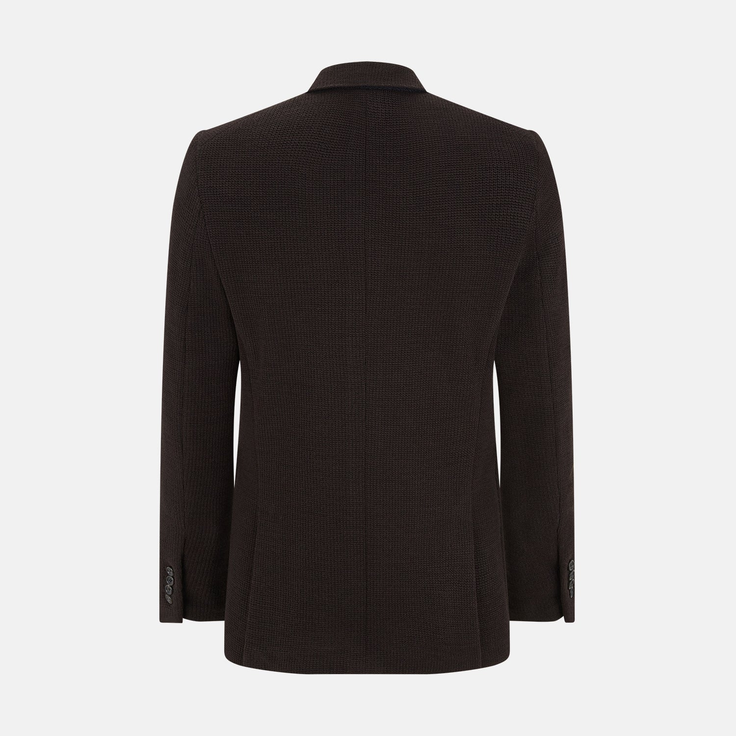 Image 3 of product The Turnbull & Asser Dark Chocolate Knitted Cambridge Blazer for men, made from fine Italian wool with British tailoring, features a notched lapel, three front buttons, and three patch pockets, shown on a plain white background.