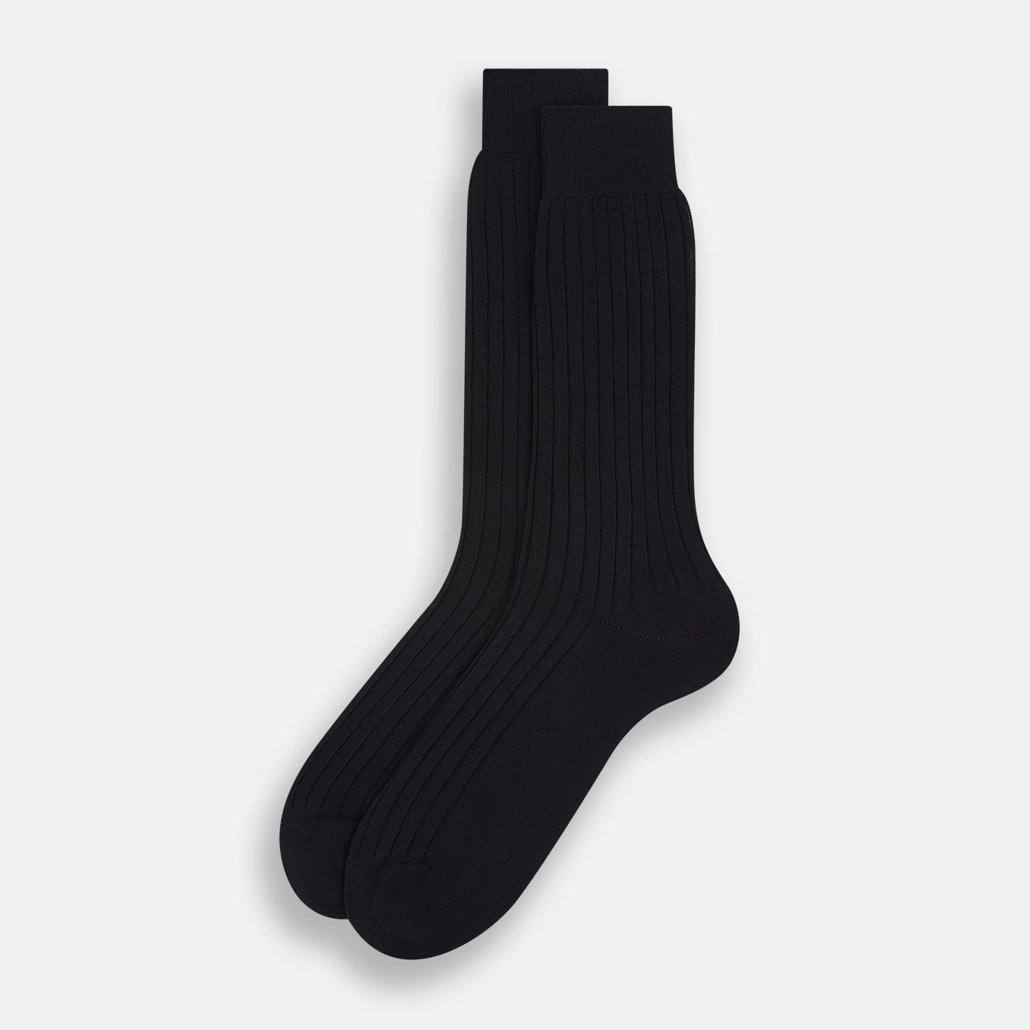 Image 2 of product A single Midnight Thick Knit Mid-Length Sock by Turnbull & Asser, crafted from black mercerised Egyptian cotton, is shown in side profile against a plain white background with the toe pointing left.