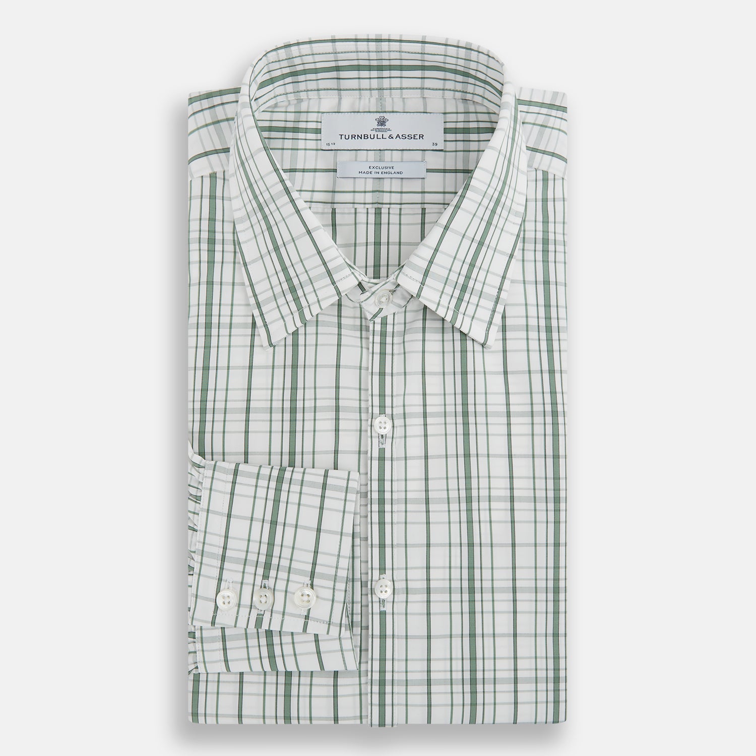 Image 5 of product The Turnbull & Asser Sage Green Plaid Check Westminster Shirt features a collared, long-sleeve button-up design with a white base and sage green plaid pattern, showcasing classic British craftsmanship against a clean white background.