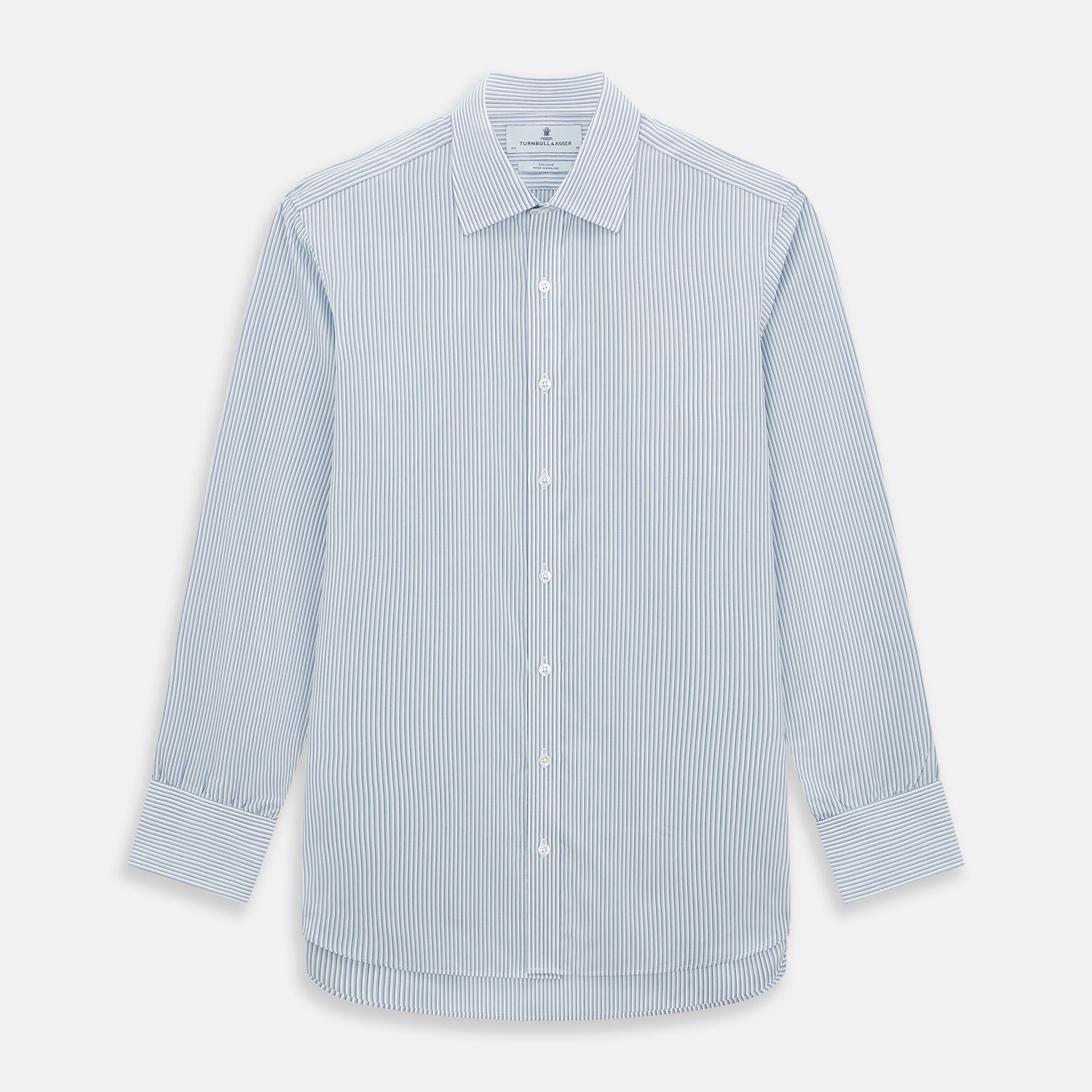 Image 1 of product The Turnbull & Asser Sky Blue Shadow Pinstripe Mayfair Shirt, a long-sleeved, button-up shirt with a T&A collar and light blue and white thin vertical stripes, is displayed flat on a white background.