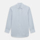 The Turnbull & Asser Sky Blue Shadow Pinstripe Mayfair Shirt, a long-sleeved, button-up shirt with a T&A collar and light blue and white thin vertical stripes, is displayed flat on a white background.