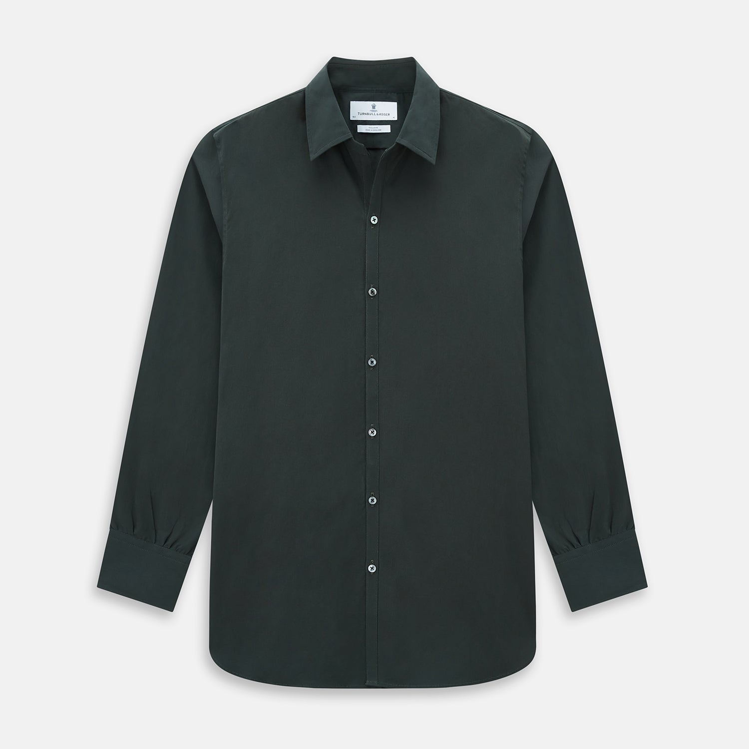 Image 1 of product The FOREST GREEN WINDSOR SHIRT by Turnbull & Asser features long sleeves, a Windsor collar, and buttoned cuffs, reflecting British craftsmanship. Displayed on a plain white background.