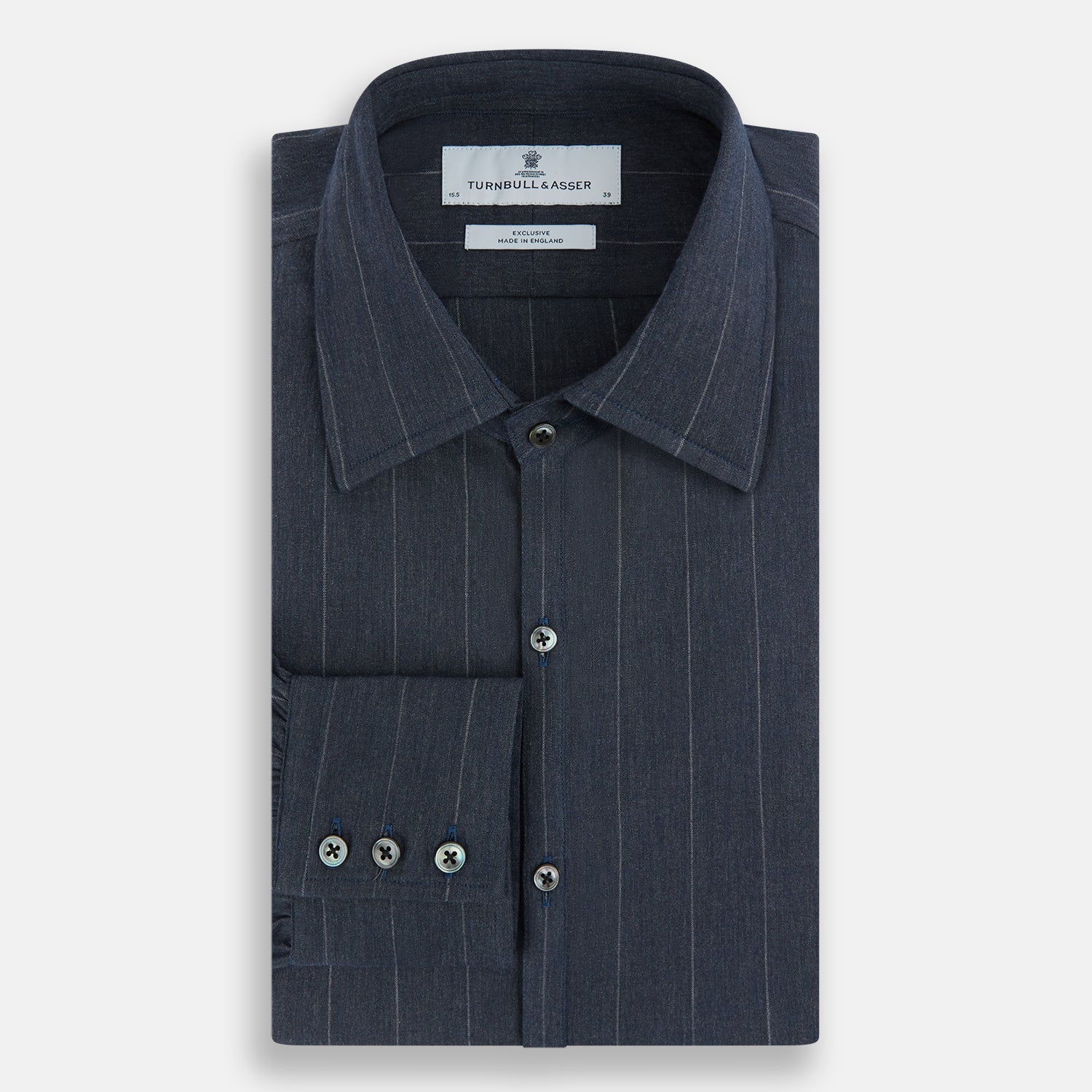Image 5 of product The Turnbull & Asser Navy Melange Wide Stripe Westminster Shirt features a classic collar, buttoned cuffs, and a tailored fit, showcasing British craftsmanship. Laid flat on a white background.