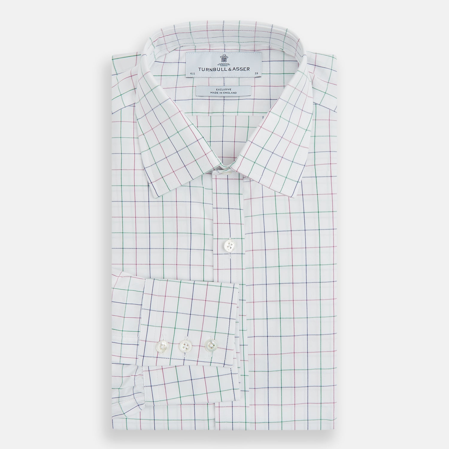 Image 4 of product The Turnbull & Asser Pink Grid Check Mayfair Shirt is a long-sleeve, button-down shirt with a T&A collar, crafted from organic cotton and featuring a pink checkered grid pattern on white with buttoned cuffs.