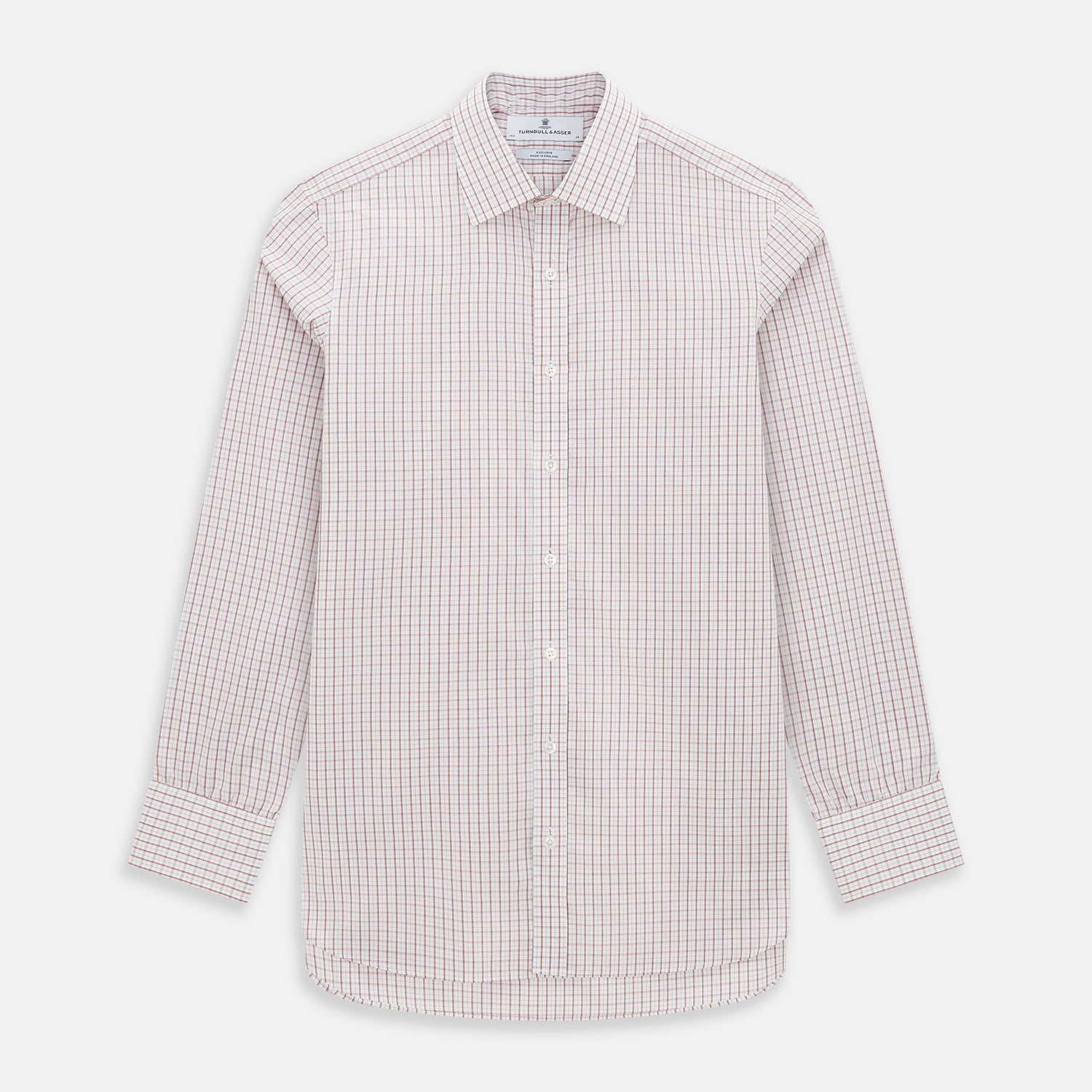 Image 1 of product The Turnbull & Asser Red Tattersall Check Mayfair Shirt features long sleeves, a collar, and Italian cotton with a red tattersall check on white, shown flat against a white background.
