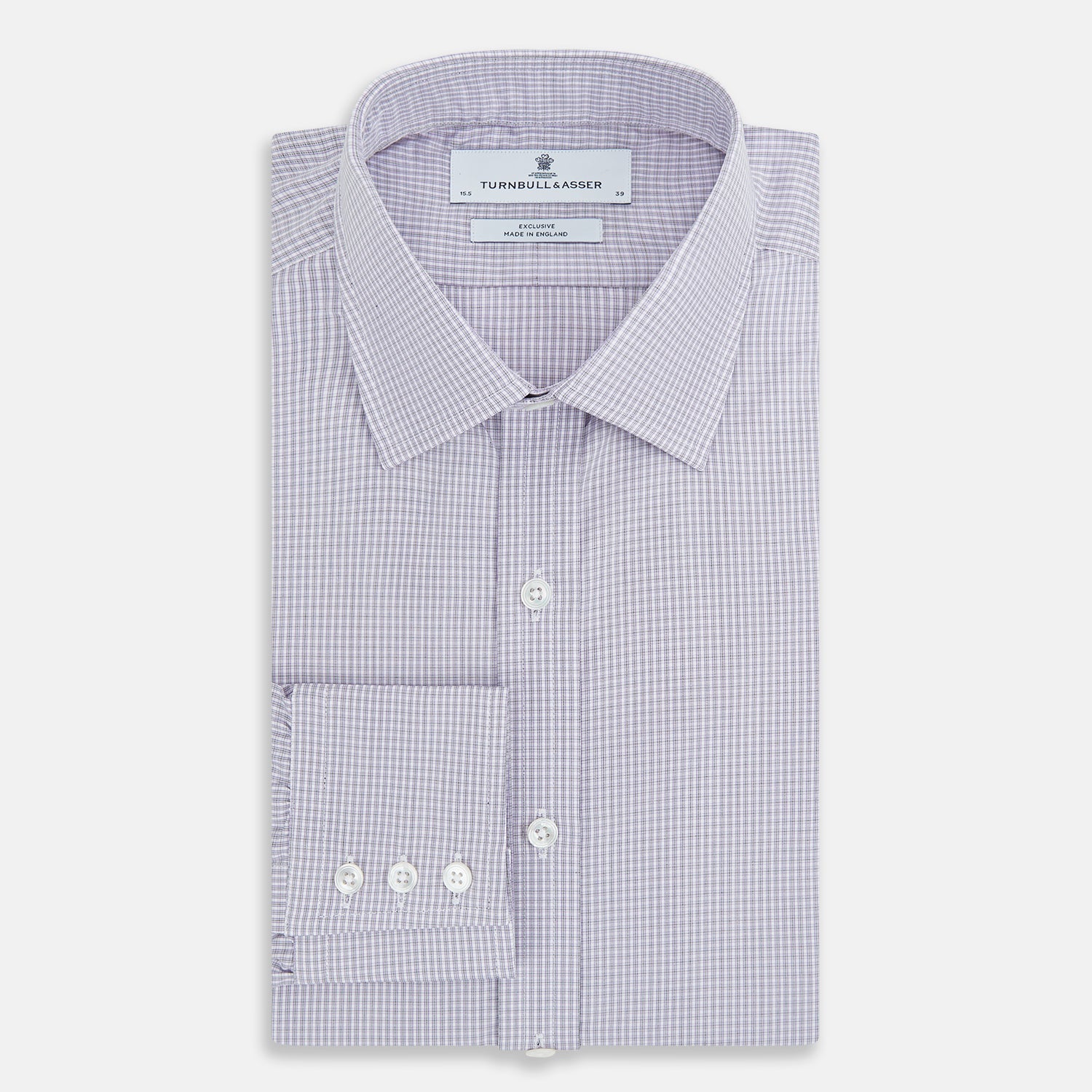 Image 5 of product The Turnbull & Asser Purple Micro Check Mayfair Shirt features long sleeves, button-up front, pointed collar, and buttoned cuffs in a subtle lilac and white check, exemplifying British craftsmanship and displayed on a white background.