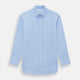 The Blue Herringbone Mayfair Shirt by Turnbull & Asser features light blue and white stripes, long sleeves, a classic collar, white buttons, and buttoned cuffs. Shown on a plain white background, it's perfect for formal occasions.