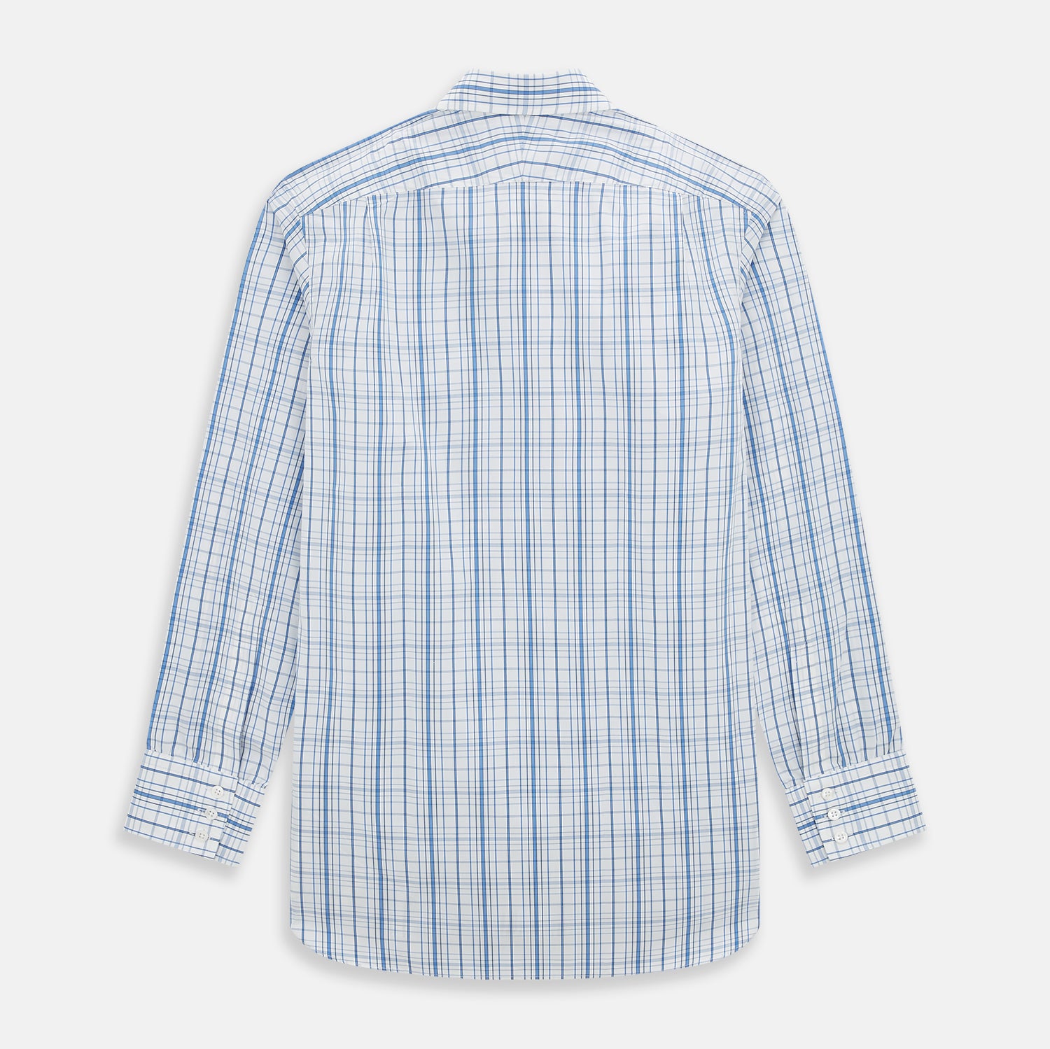 Image 3 of product The Turnbull & Asser Blue Plaid Check Mayfair Shirt is a long-sleeve, button-down shirt with a T&A collar and blue and white plaid pattern, shown on a white background.
