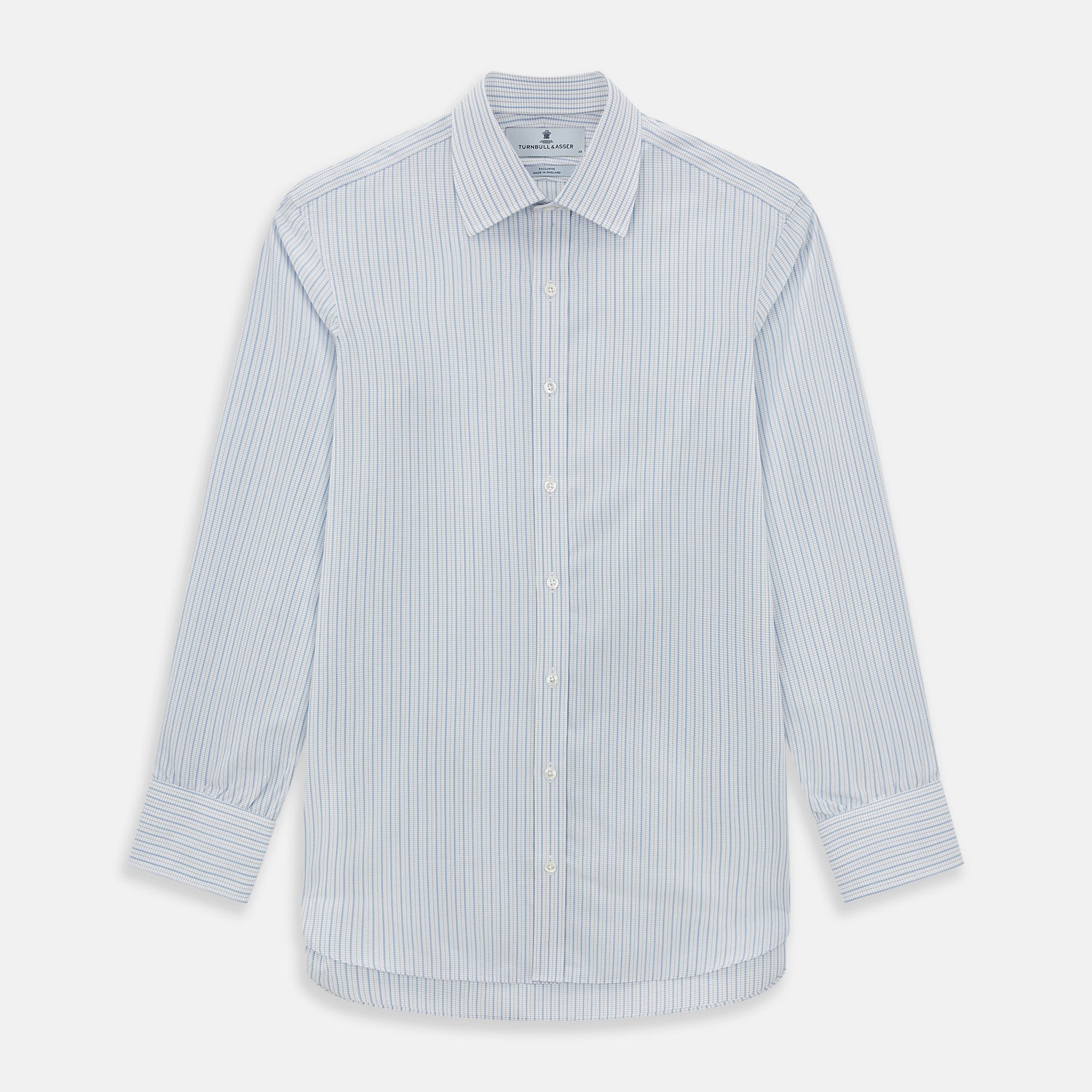 Image 1 of product The Turnbull & Asser Blue Graph Check Mayfair Shirt features a classic T&A collar, Mayfair fit, buttoned cuffs, and long sleeves with light blue graph checks on a white background.