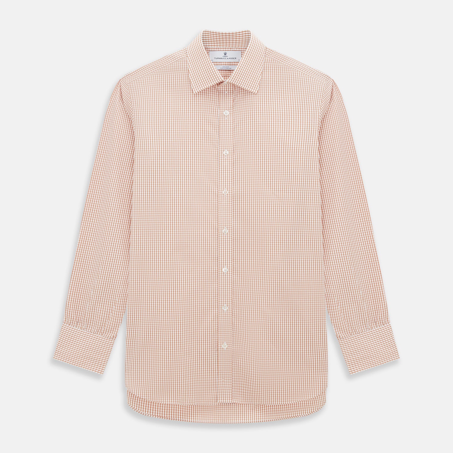 Image 1 of product The Orange Micro Shadow Check Mayfair Shirt by Turnbull & Asser features a T&A collar, button-down front, and buttoned cuffs; crafted from Italian cotton in an orange and white check pattern, laid flat on a white background.