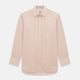 The Orange Micro Shadow Check Mayfair Shirt by Turnbull & Asser features a T&A collar, button-down front, and buttoned cuffs; crafted from Italian cotton in an orange and white check pattern, laid flat on a white background.