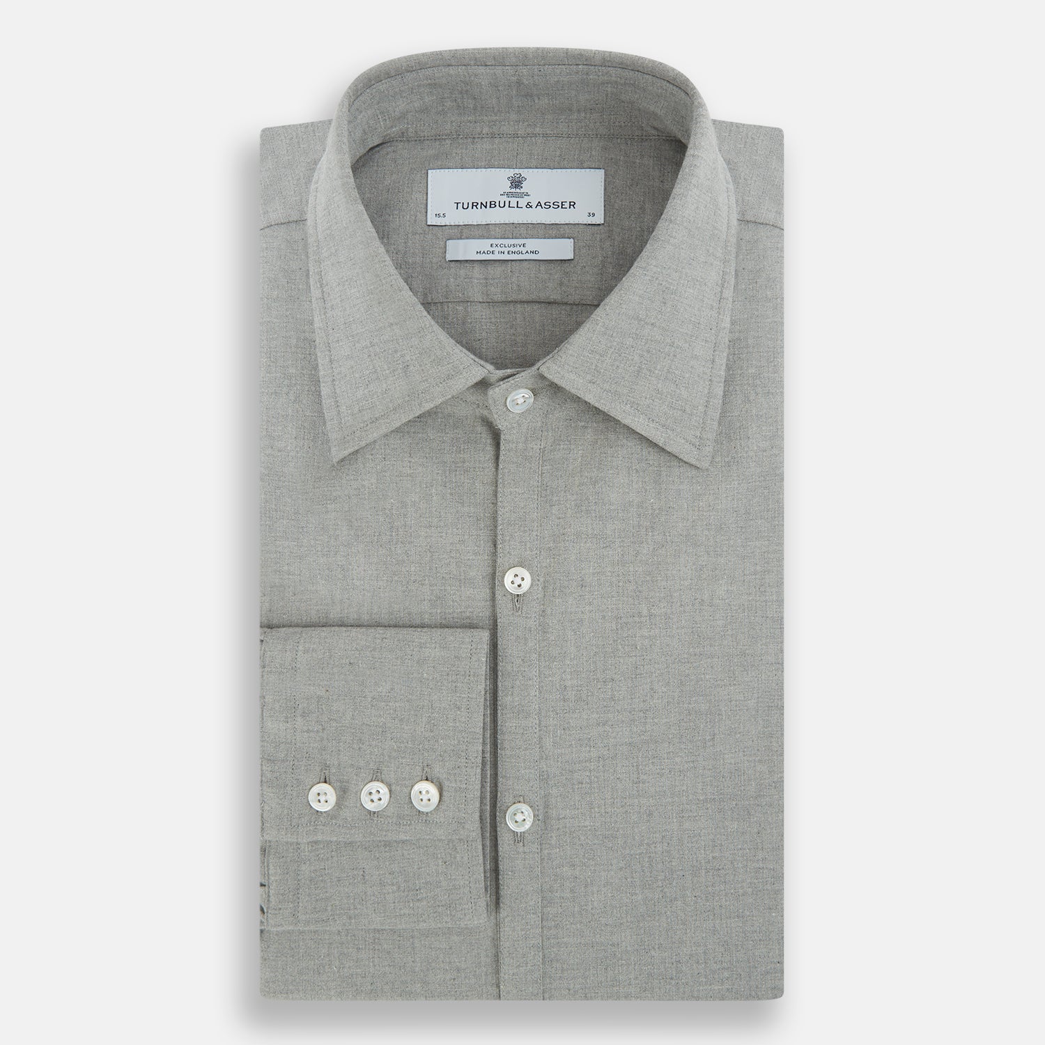 Image 5 of product The Grey Westminster Shirt by Turnbull & Asser features a classic collar and white buttons, expertly crafted in Britain. This long-sleeve button-up is shown against a plain white background.