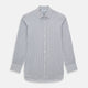 The Turnbull & Asser Grey Multi Stripe Mayfair Shirt features long sleeves, a classic collar, and thin vertical stripes in black and white, shown laid flat on a white background.