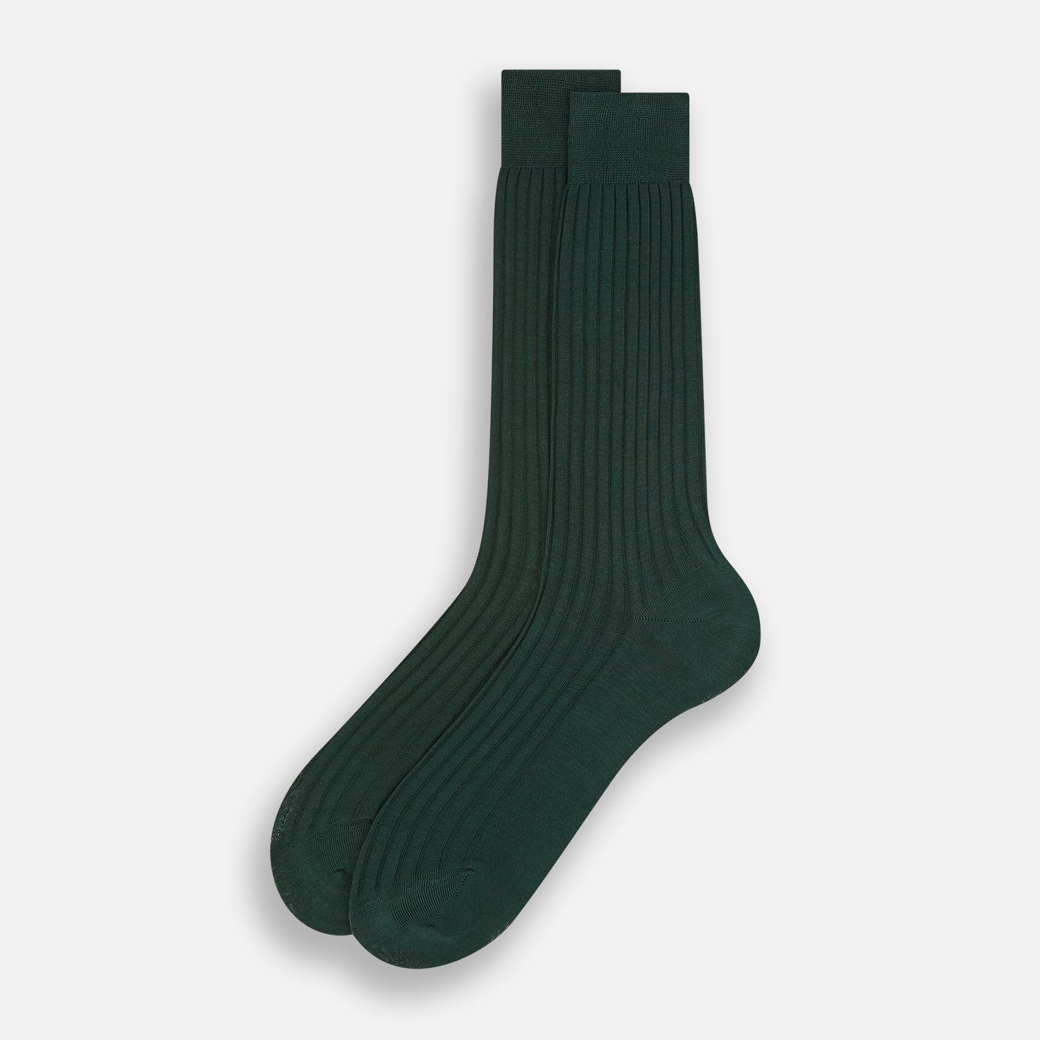 Image 2 of product Turnbull & Asser's Olive Mid-Length Socks, crafted from mercerised Egyptian cotton in dark green with ribbed detailing, are displayed against a plain white background, showcasing refined comfort and enduring style.