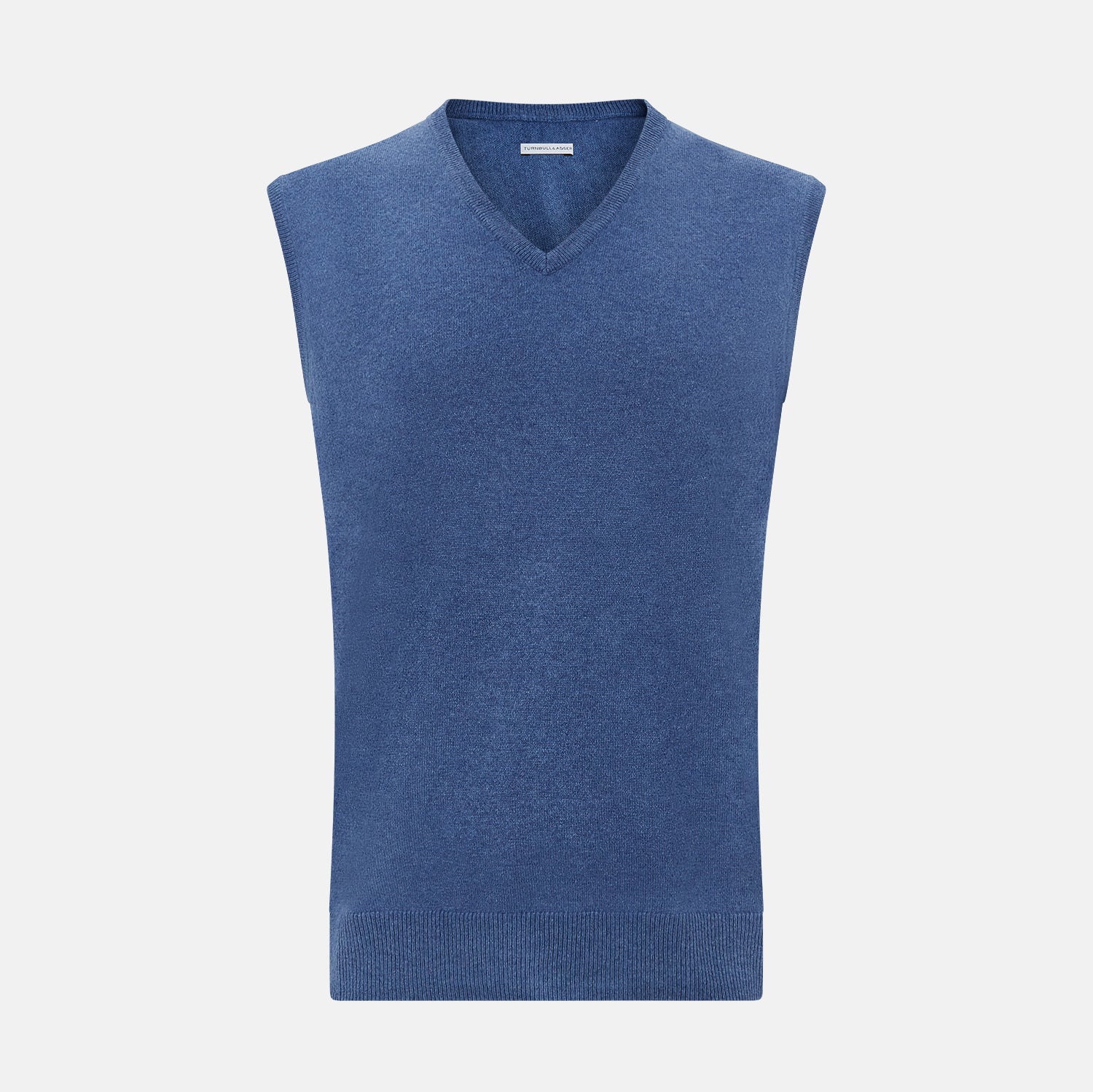 Image 1 of product The Turnbull & Asser Blue V-Neck Sleeveless Cashmere Vest features a ribbed hem and is shown against a plain white background.
