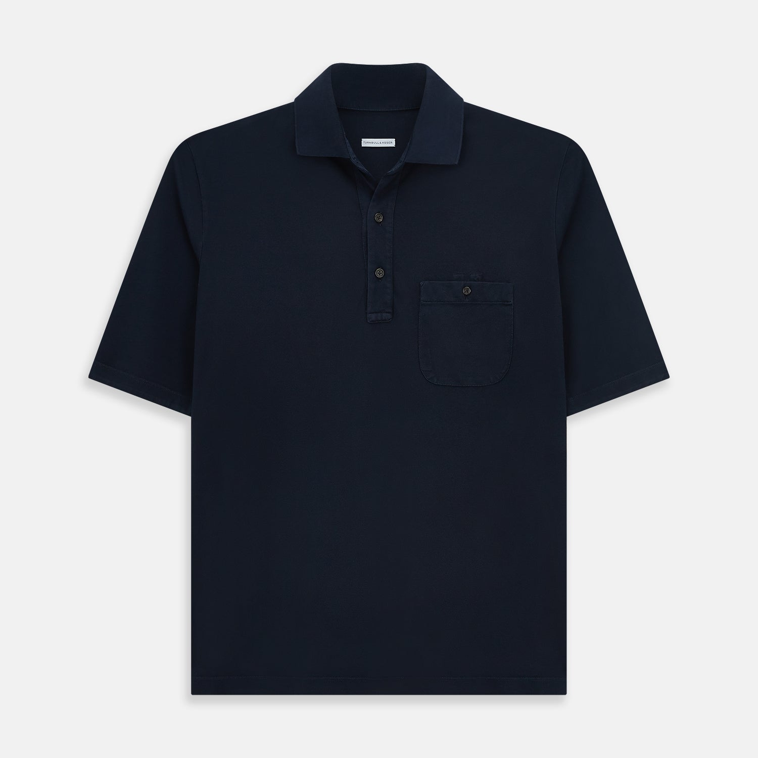Image 1 of product The Turnbull & Asser Navy Polo Shirt features short sleeves, a collar, three-button placket, and a single buttoned chest pocket, shown flat on a plain white background.