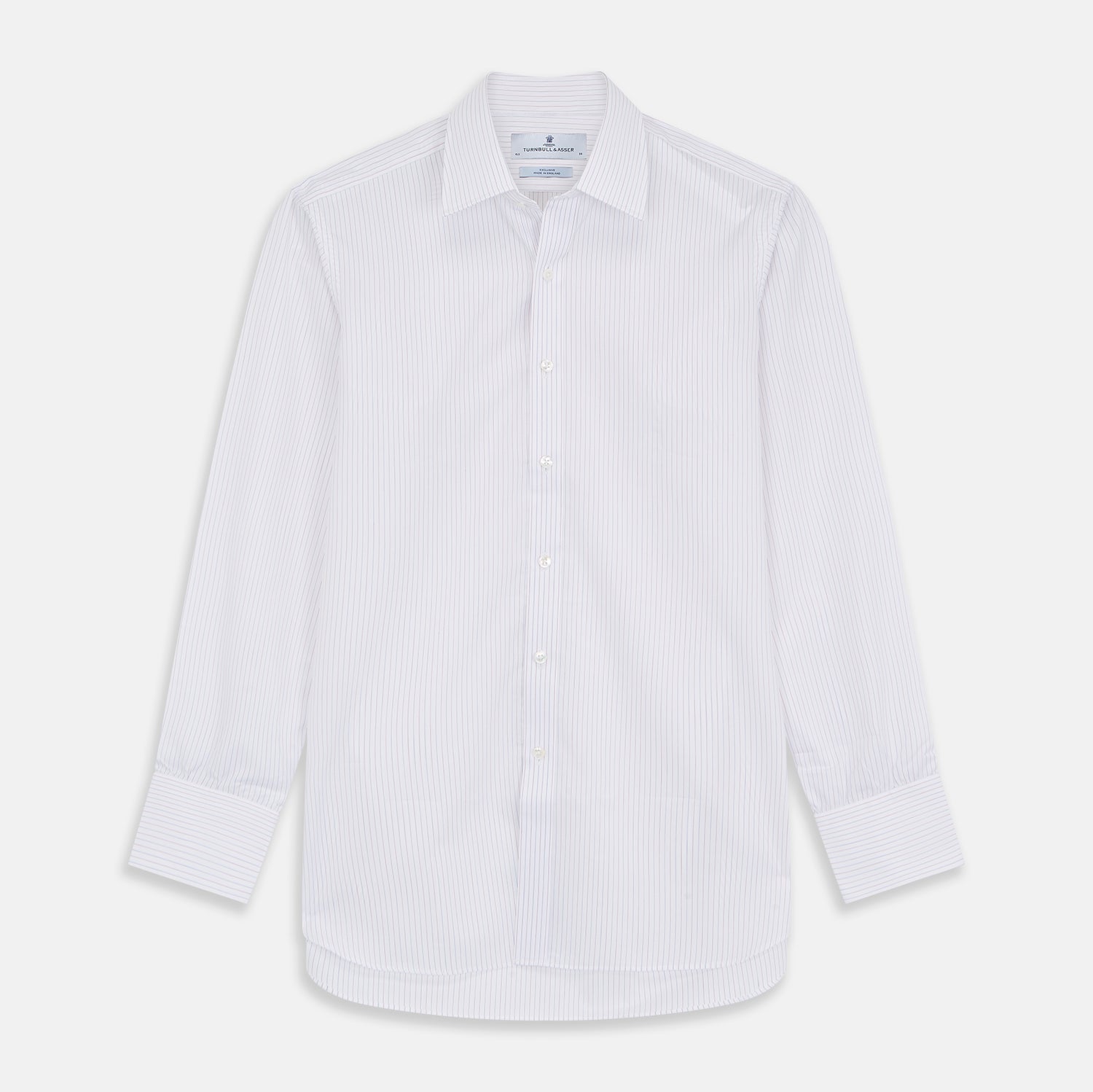 Image 2 of product A circular gray border frames a close-up of Turnbull & Asser's Red & White Stripe Sea Island Quality Fabric, featuring fine white material with thin, evenly spaced diagonal red pinstripes.