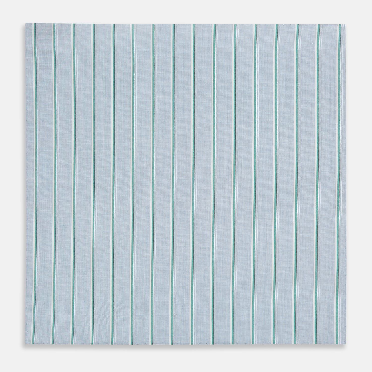 Image 3 of product The Turnbull & Asser Blue and Green Multi Stripe Hand-Rolled Handkerchief features evenly spaced vertical stripes and hand-rolled edges, displayed neatly folded on a white background.