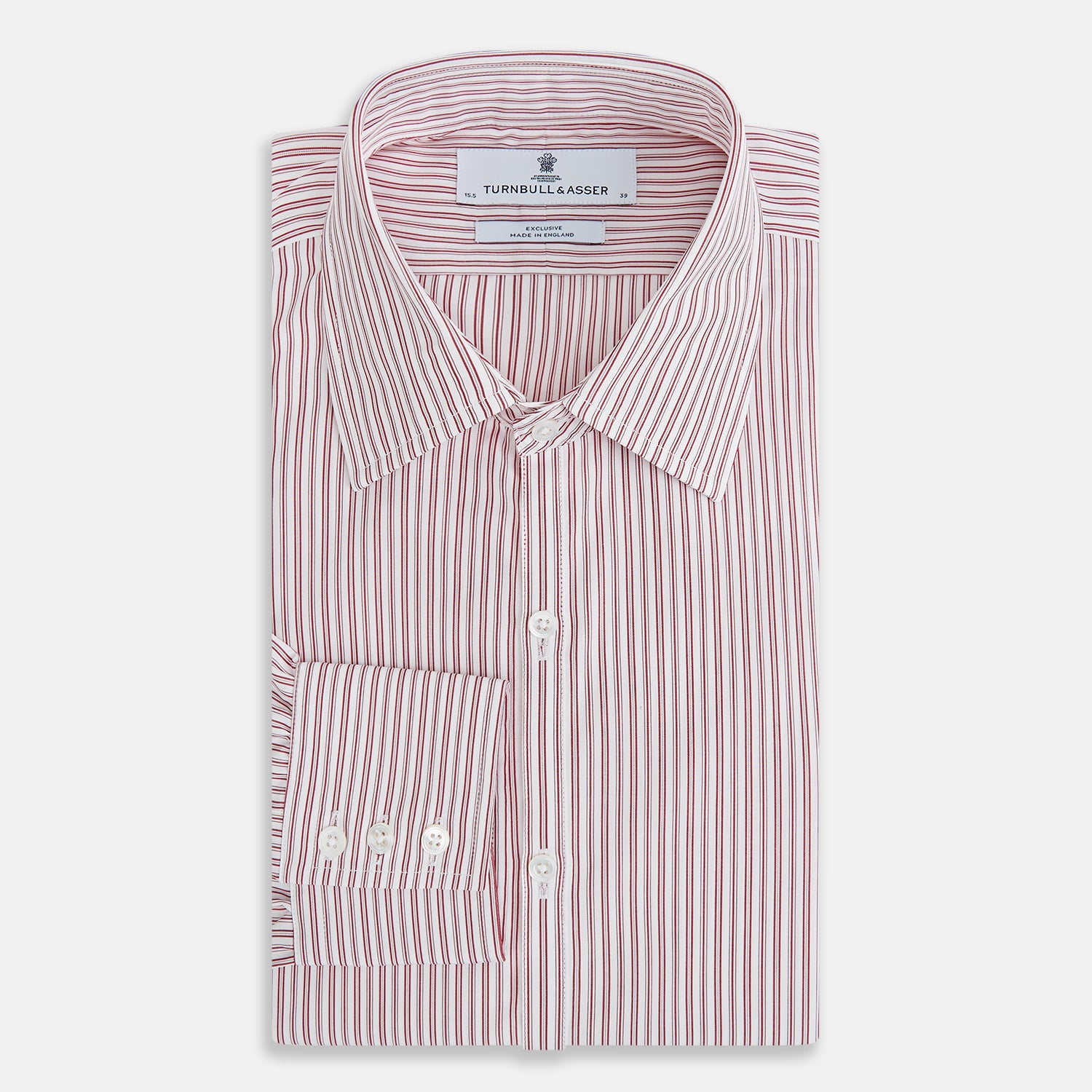 Image 5 of product The Red Ticking Stripe Westminster Shirt by Turnbull & Asser features long sleeves, a button-up front, and vertical red and white stripes, shown flat on a white background.