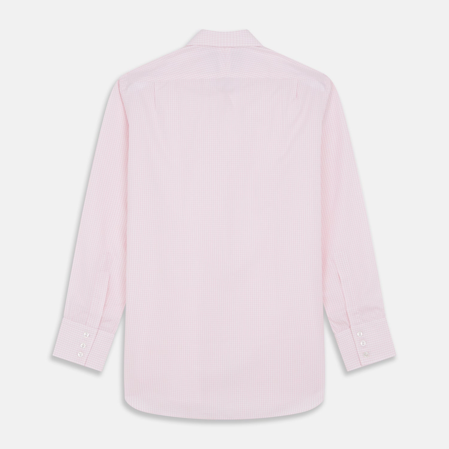 Image 3 of product The Pink Windowpane Check Mayfair Shirt by Turnbull & Asser is crafted in light pink organic cotton with a subtle windowpane check, button-down front, and pointed collar, displayed flat on a white background.