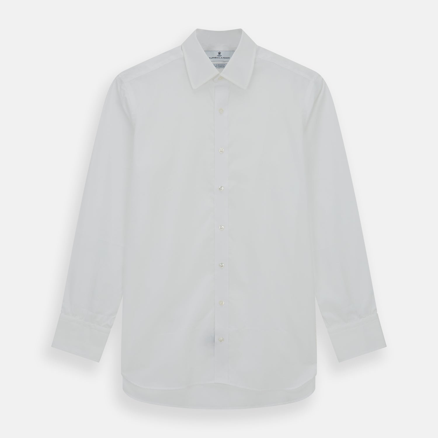 Image 1 of product The Turnbull & Asser White Sea Island Quality Cotton Shirt features a T&A collar and 3-button cuffs, crafted from luxurious cotton and displayed on a white background.