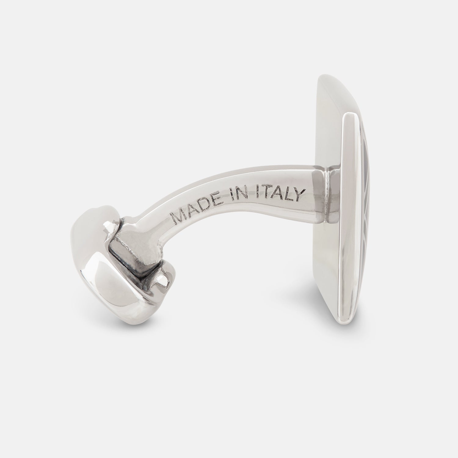 Image 2 of product The Blue Grid Square Cufflinks by Turnbull & Asser feature a geometric square sterling silver design with intersecting navy, black, and white lines, showcased on a white background.