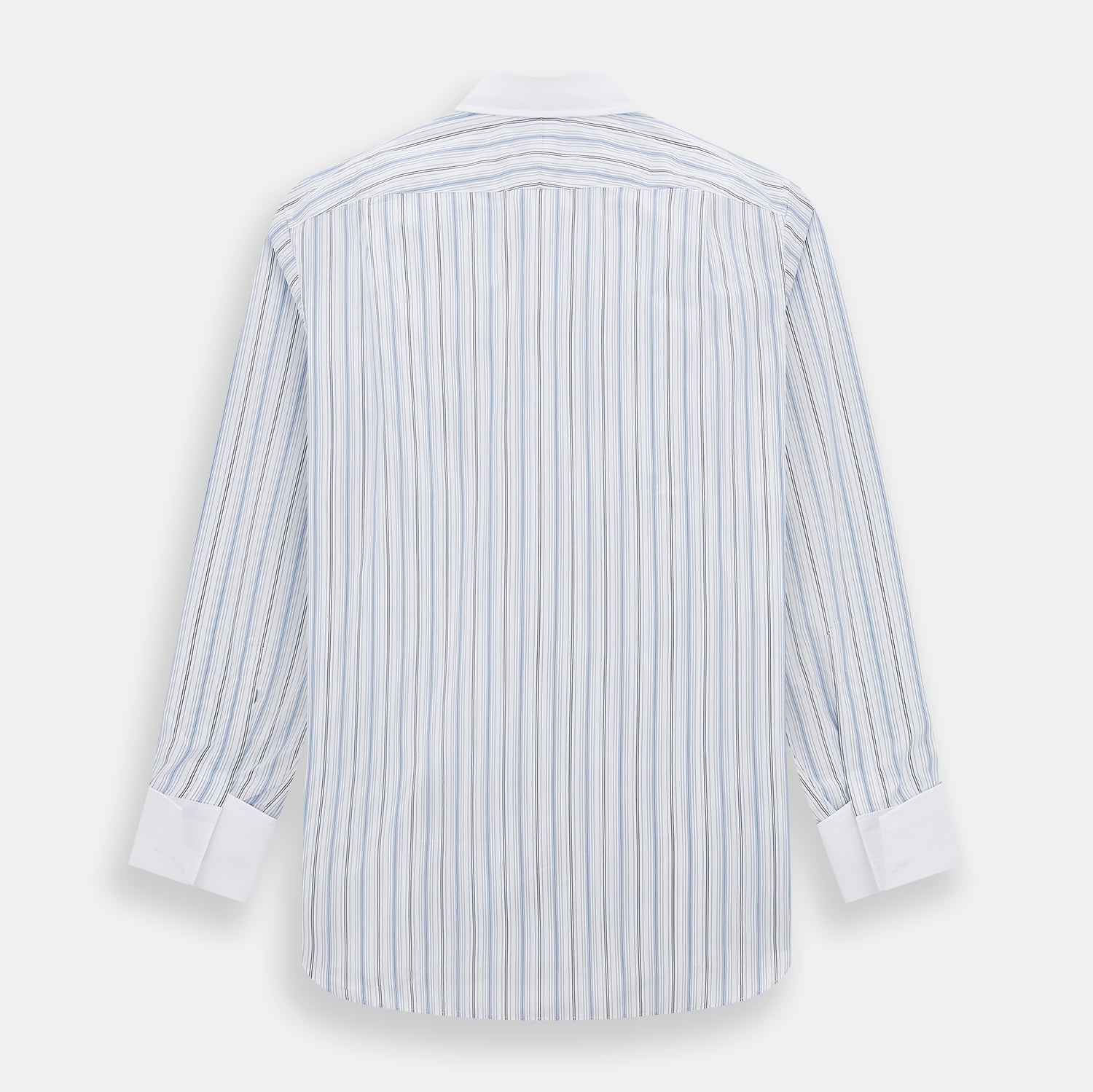 Image 3 of product The Turnbull & Asser Navy and Blue Multi Stripe Shirt with Contrast Collar and Double Cuffs is shown in a Mayfair fit on a plain white background.