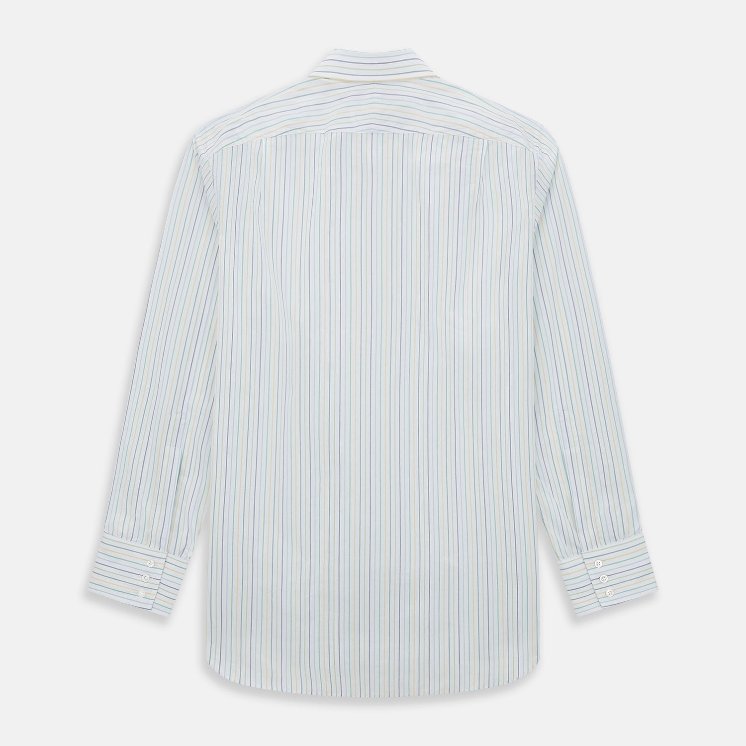 Image 3 of product The Turnbull & Asser Multi Tone Double Pinstripe Mayfair Shirt is a long-sleeve pure cotton shirt with a collar and thin blue, green, and yellow double pinstripes on a white background.