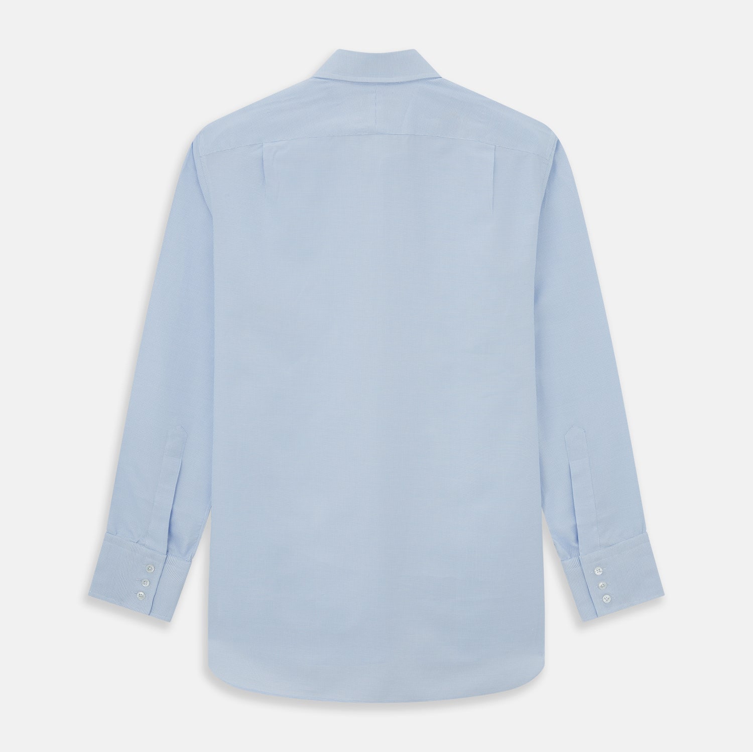 Image 2 of product The Turnbull & Asser PALE BLUE MULTI-CHECK REGULAR FIT SHIRT features long sleeves, a pointed collar, and white buttons—a timeless essential for any men's wardrobe, shown laid flat on a white background.