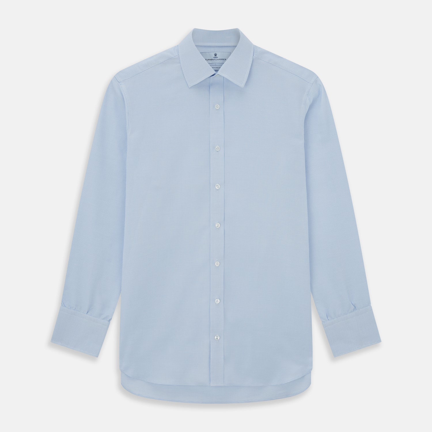 Image 1 of product The Turnbull & Asser PALE BLUE MULTI-CHECK REGULAR FIT SHIRT features long sleeves, a pointed collar, and white buttons—a timeless essential for any men's wardrobe, shown laid flat on a white background.