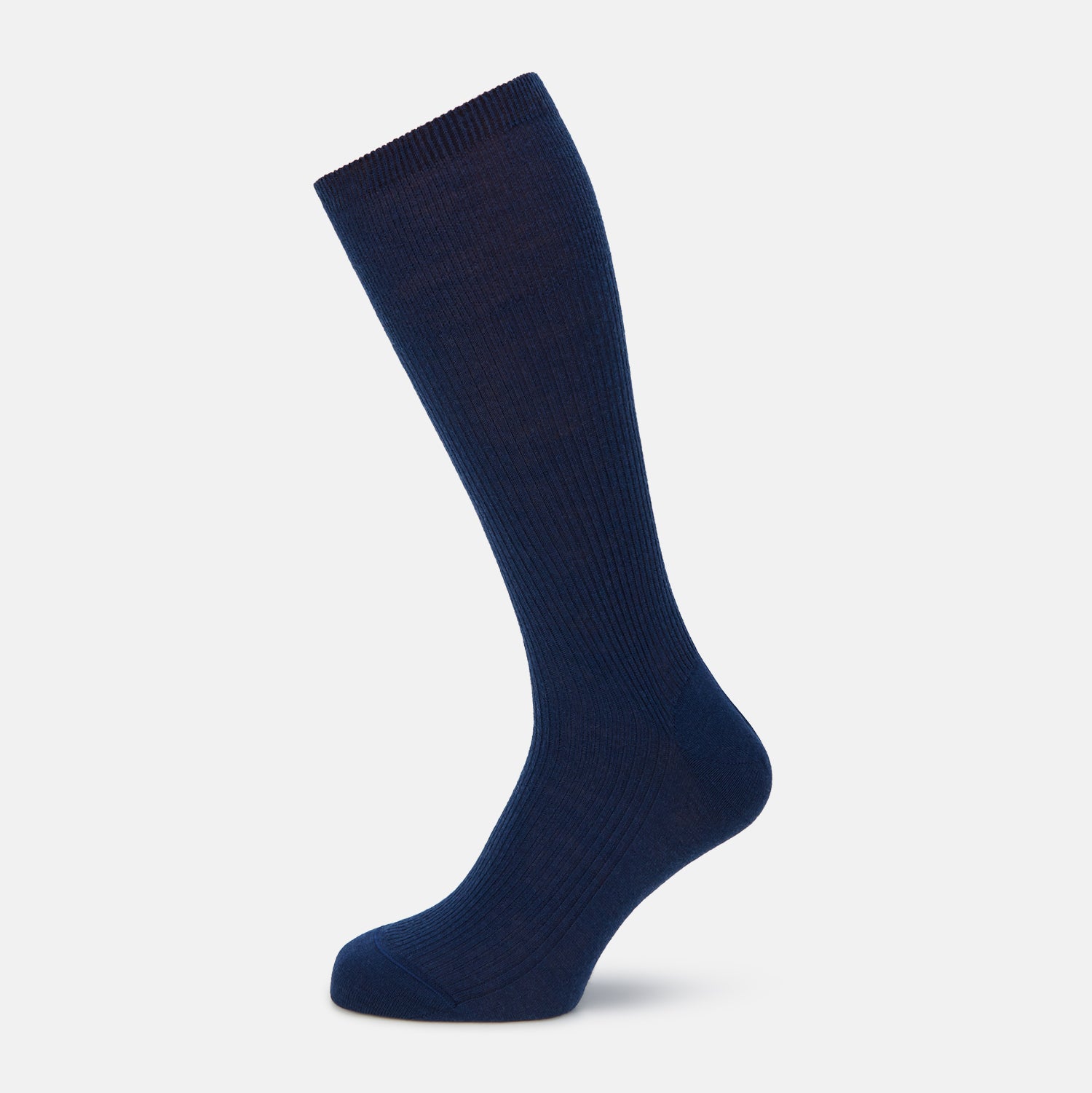 Image 1 of product A single Turnbull & Asser Navy Mid-Length Merino Sock is shown upright against a white background, featuring a ribbed texture and smooth toe and heel for those seeking high-quality navy socks.