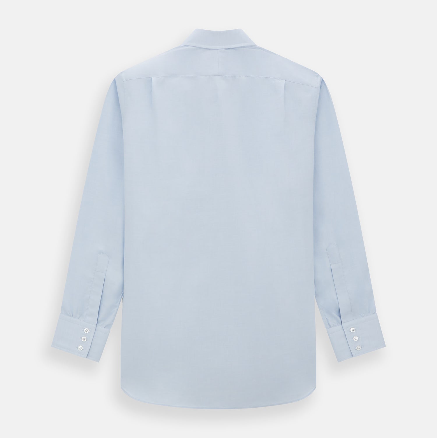 Image 6 of product The Turnbull & Asser Blue Cashmerello Mayfair Shirt is a light blue cotton-cashmere blend with long sleeves, pointed collar, white buttons, and buttoned cuffs, shown on a plain white background.