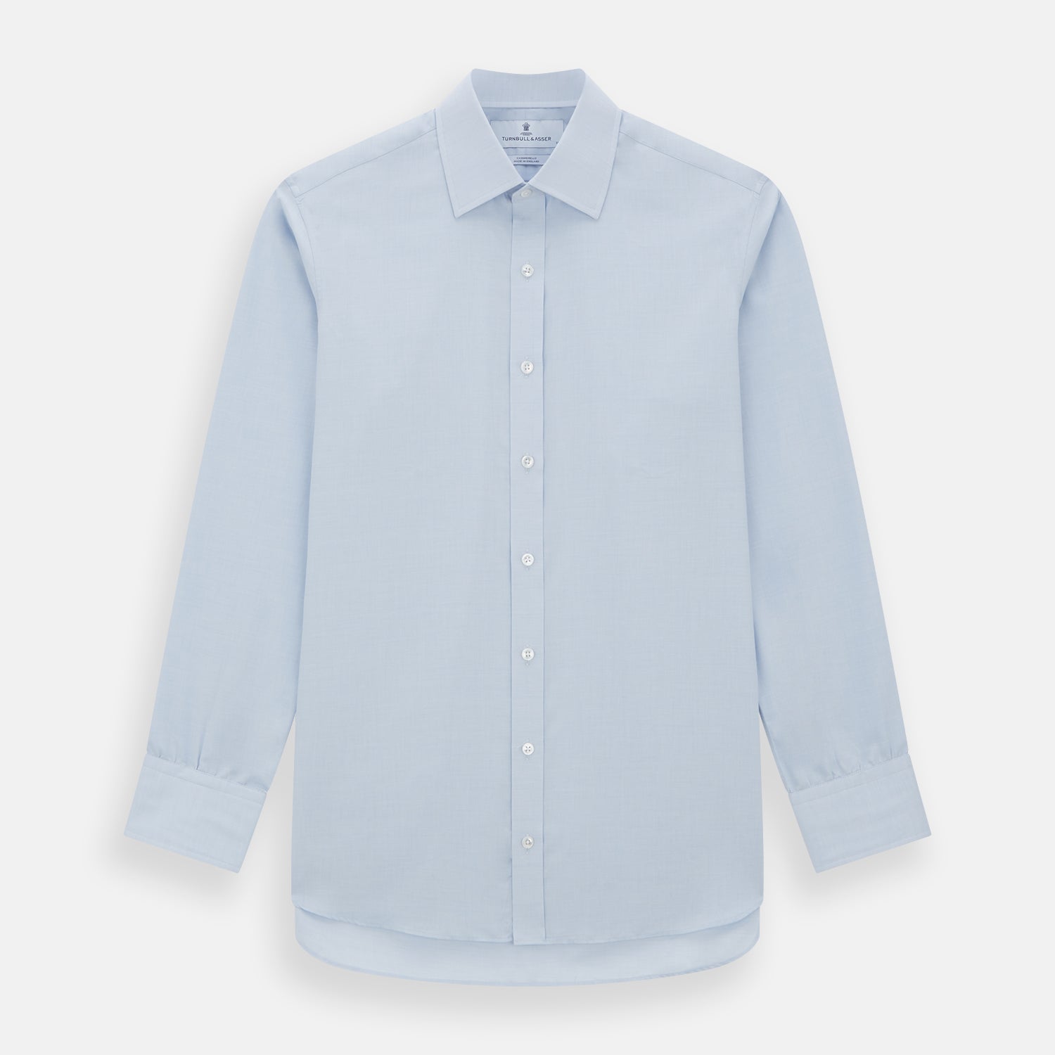 Image 1 of product The Turnbull & Asser Blue Cashmerello Mayfair Shirt is a light blue cotton-cashmere blend with long sleeves, pointed collar, white buttons, and buttoned cuffs, shown on a plain white background.