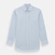 The Turnbull & Asser Blue Cashmerello Mayfair Shirt is a light blue cotton-cashmere blend with long sleeves, pointed collar, white buttons, and buttoned cuffs, shown on a plain white background.