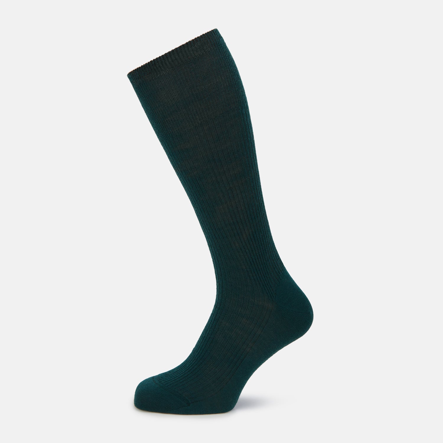 Image 1 of product A single Turnbull & Asser Petrol Green Mid-Length Merino Sock stands upright on a plain white background, showcasing its ribbed texture and signature rounded toe and heel.
