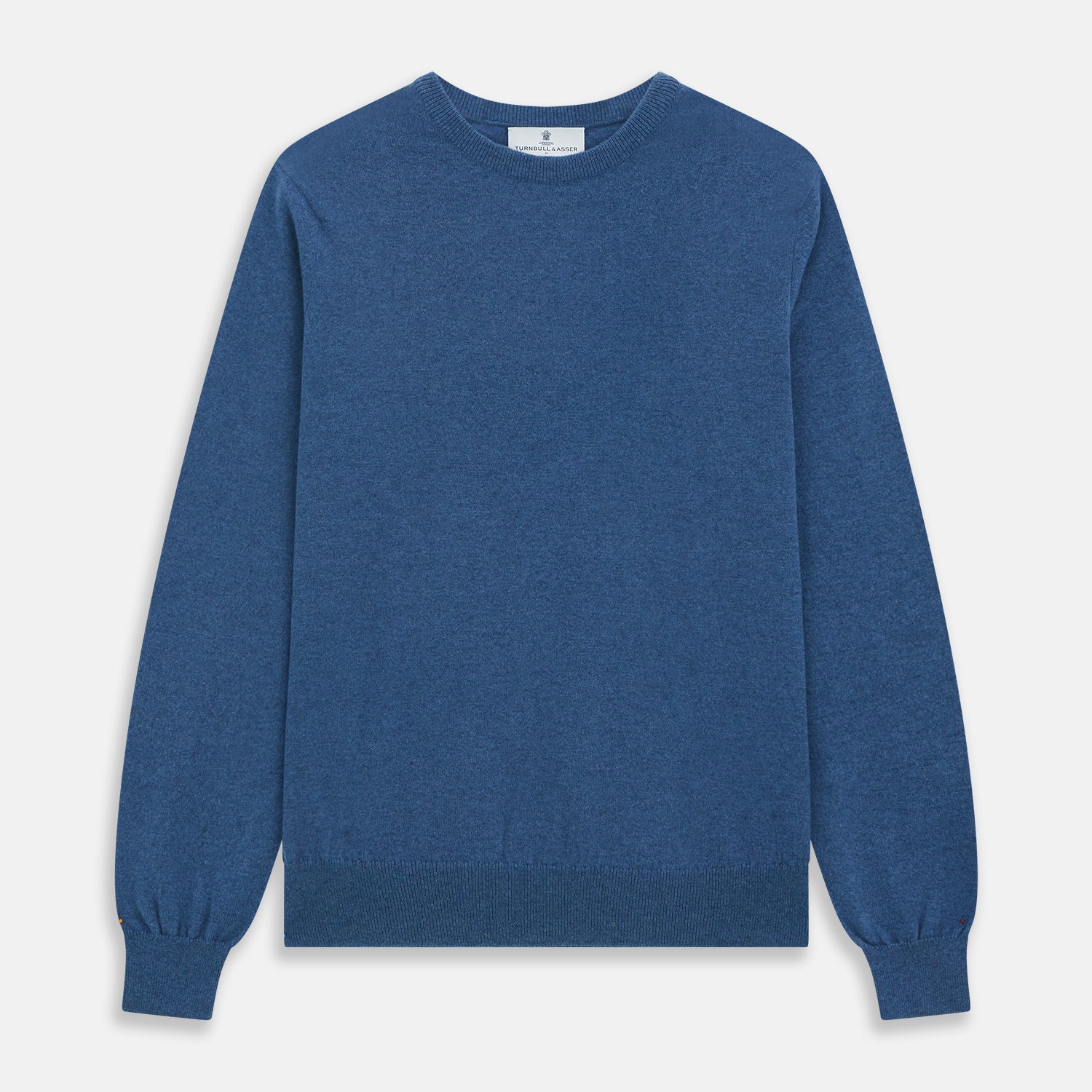 Image 1 of product The Turnbull & Asser Blue Crew Neck Cashmere Jumper is laid flat on a white background, showcasing ribbed cuffs, hem, and neckline for an elegant, smart-casual style.