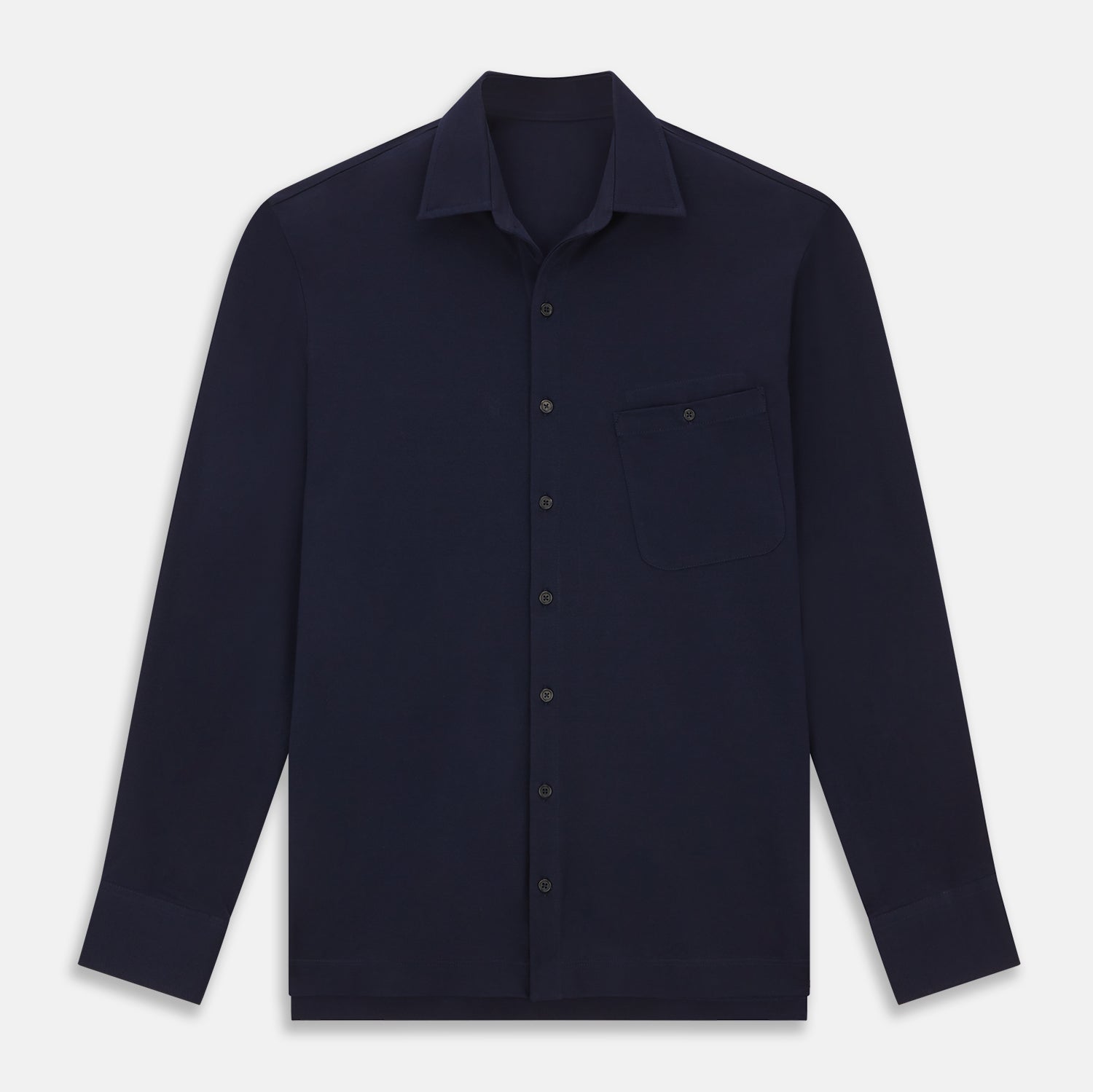 Image 1 of product The Turnbull & Asser Navy Pique Shirt is a long-sleeved, dark navy button-up with a left chest pocket, classic collar, and buttoned cuffs, shown laid flat on a white background.