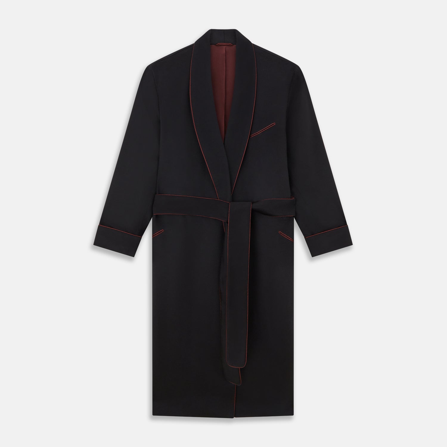 Image 1 of product The Navy and Red Piped Cashmere Gown by Turnbull & Asser features a belted navy silhouette with red contrast piping, wide lapels, chest pocket, and two side pockets, shown on a plain white background.
