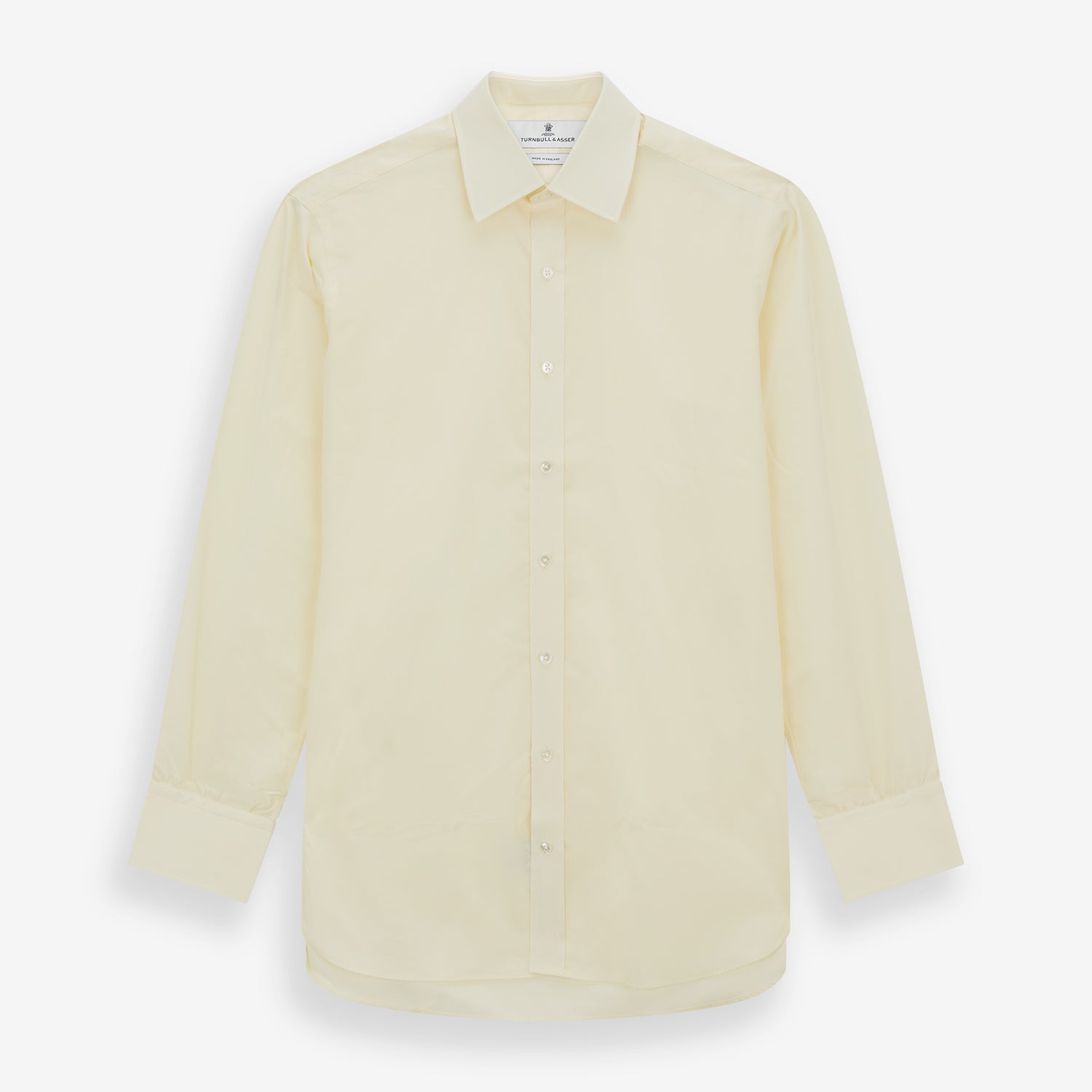 Image 1 of product The Turnbull & Asser Cream Cotton Shirt features a T&A collar, button-up front, and 3-button cuffs, displayed on a plain white background.