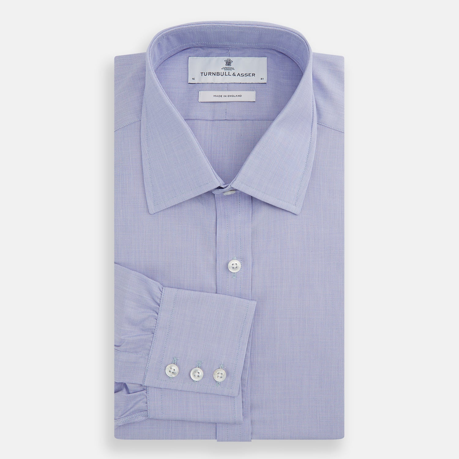 Image 5 of product The Turnbull & Asser Blue End-on-End Cotton Shirt features a T&A collar, 3-button cuffs, and white buttons—ideal for pairing with a navy suit or any smart outfit.