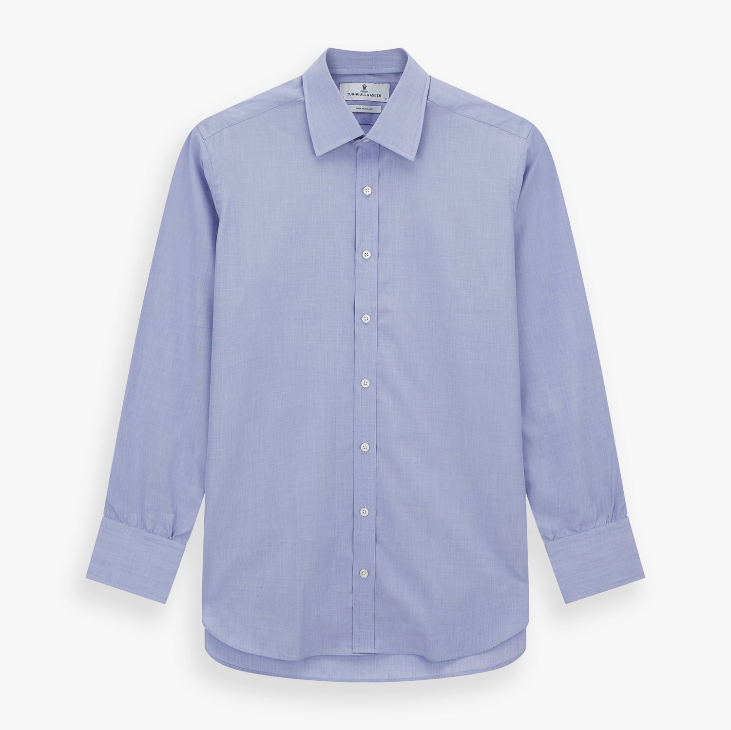 Image 1 of product The Turnbull & Asser Blue End-on-End Cotton Shirt features a T&A collar, 3-button cuffs, and white buttons—ideal for pairing with a navy suit or any smart outfit.