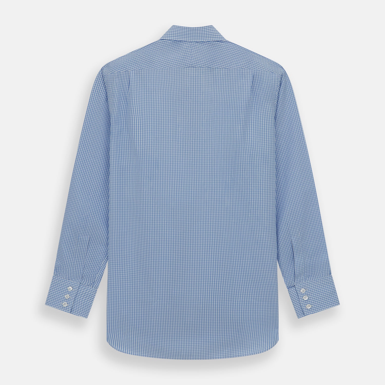 Image 3 of product The Turnbull & Asser Light Blue Gingham Check Shirt features a T&A collar, 3-button cuffs, and white buttons down the front.